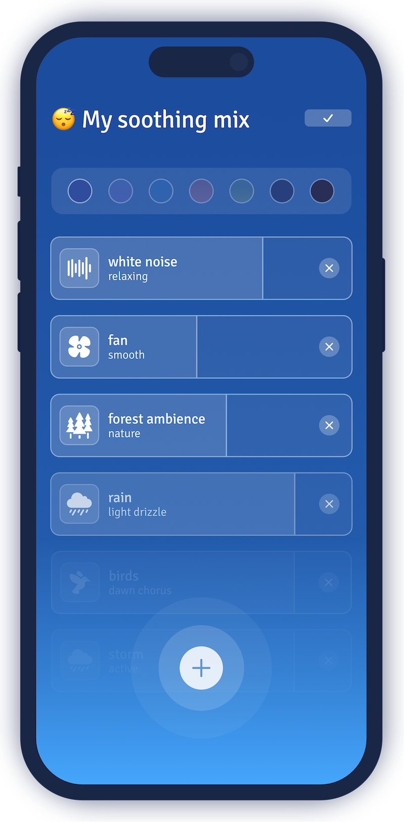 Screenshot of the iphone app, showing the mixer, where you can pick the sounds you want
